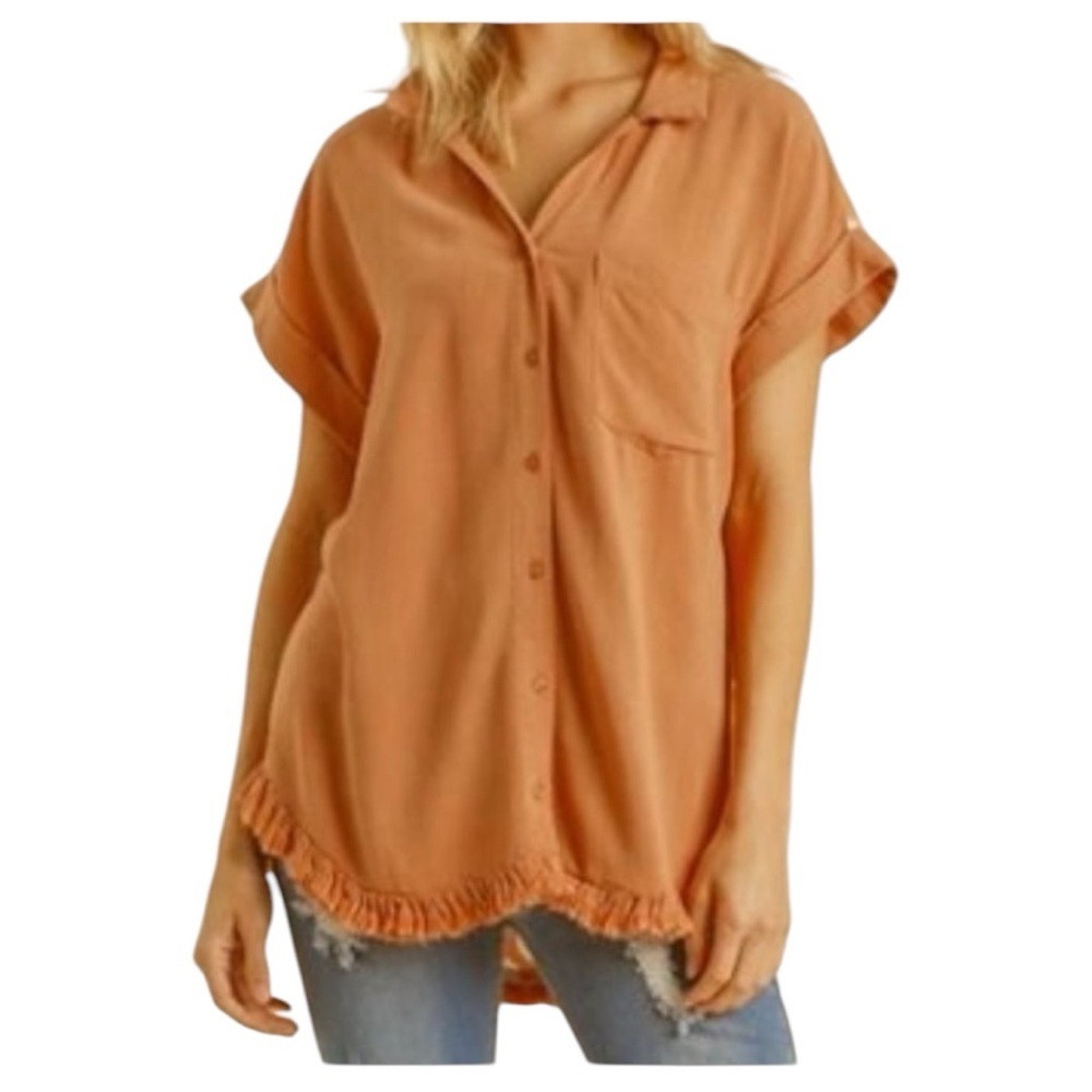 Umgee apricot dalmatian linen blend button down top size small - Picture 5 of 6